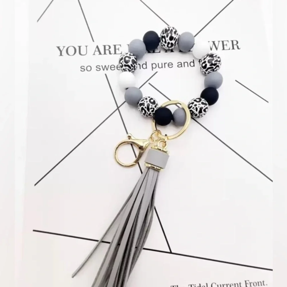 ✨NEW✨Leopard Print Tassel Keychain Bracelet - Gray, Black, White